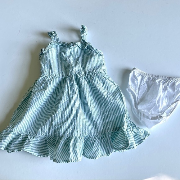 Janie & Jack Sage Green and White Striped Swiss Dot Dress and Bloomers - Picture 1 of 8